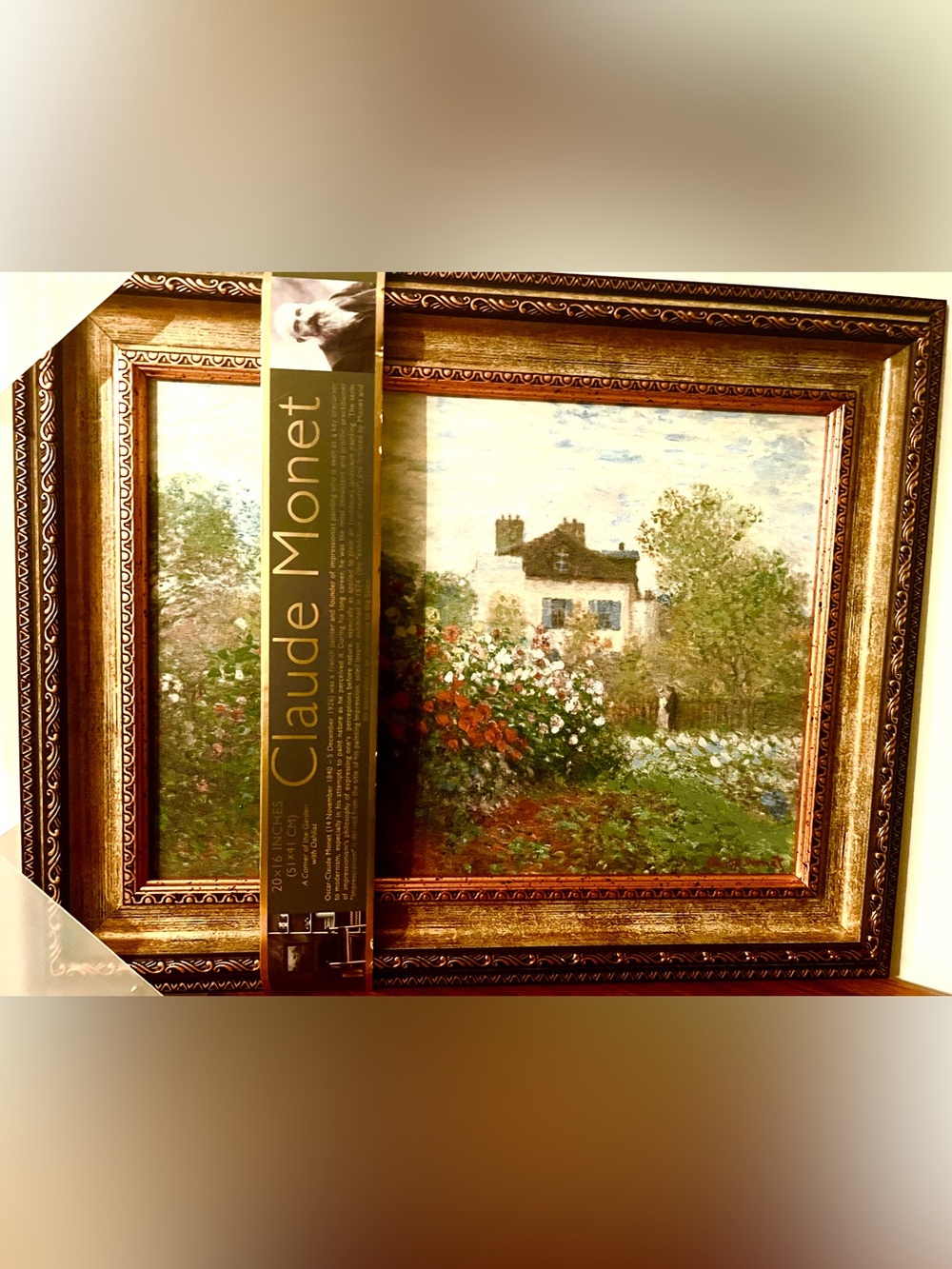 NEW Claude Monet ART 'Garden In Argenteuil  Gold Wood framed. 20" x 16"